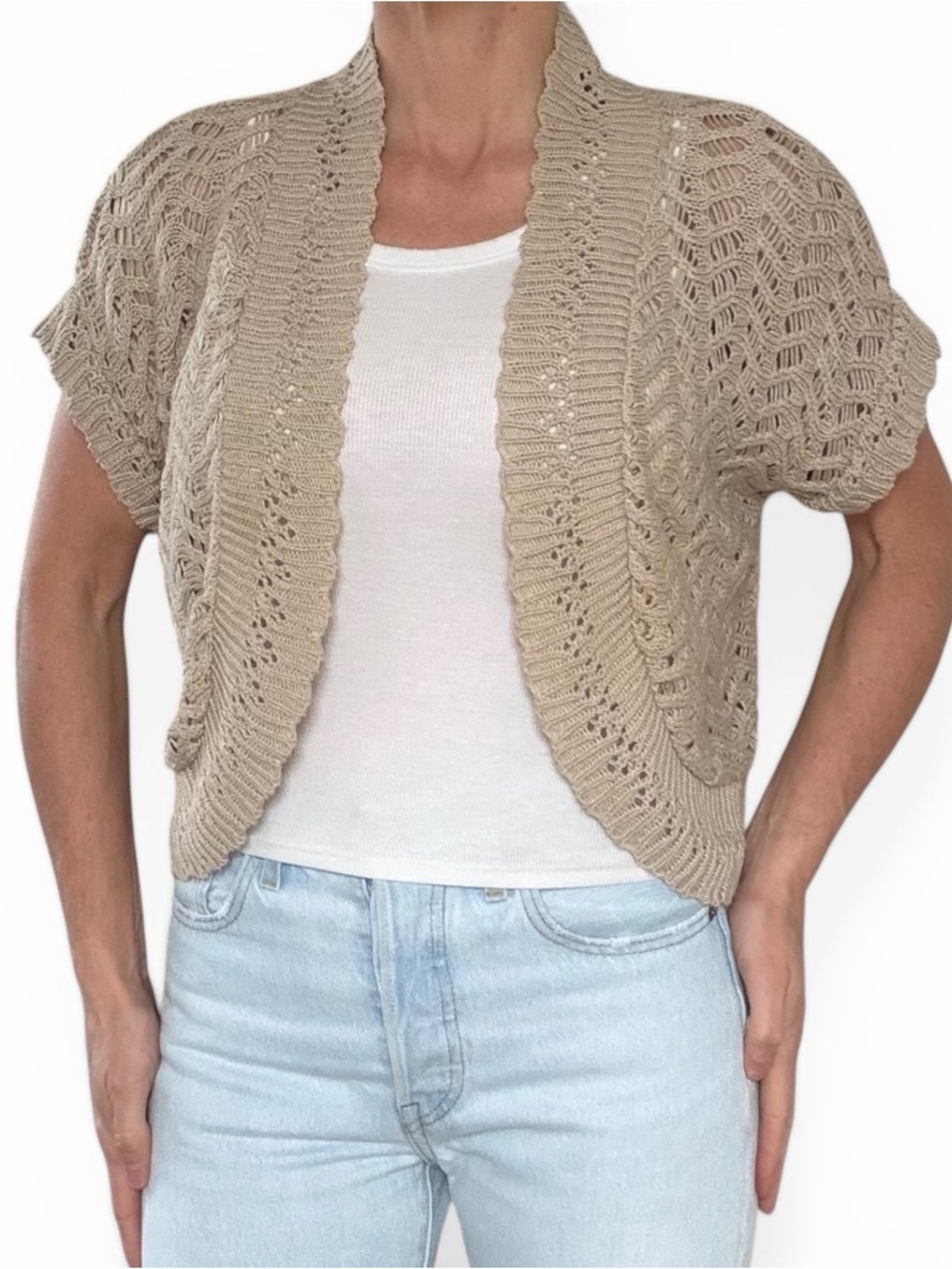 Isela Beige Knit Cropped Cardigan L Boho Open Front